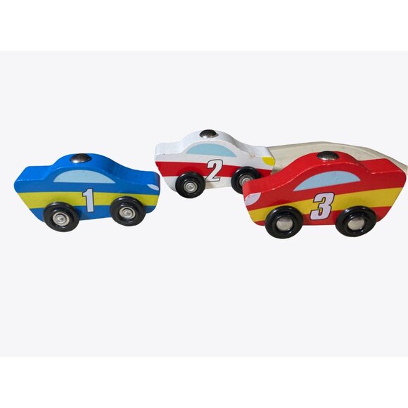 Wooden Race Car Toys Set Of 3 - Red Blue & White – Numbered 1 2 3 - Picture 1 of 11